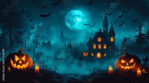 Halloween background with pumpkins, candles and haunted house. Halloween night wallpaper design for poster, card or banne