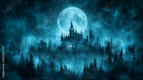 Halloween background with pumpkins, candles and haunted house. Halloween night wallpaper design for poster, card or banne