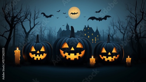 Halloween background with pumpkins, candles and haunted house. Halloween night wallpaper design for poster, card or banne