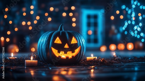 Halloween background with pumpkins, candles and haunted house. Halloween night wallpaper design for poster, card or banne