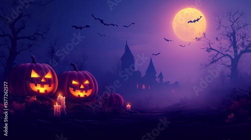 Halloween background with pumpkins, candles and haunted house. Halloween night wallpaper design for poster, card or banne