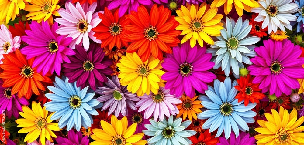 Fototapeta premium Overhead view of colorful spring blooms forming vibrant abstract pattern, background, seasonal