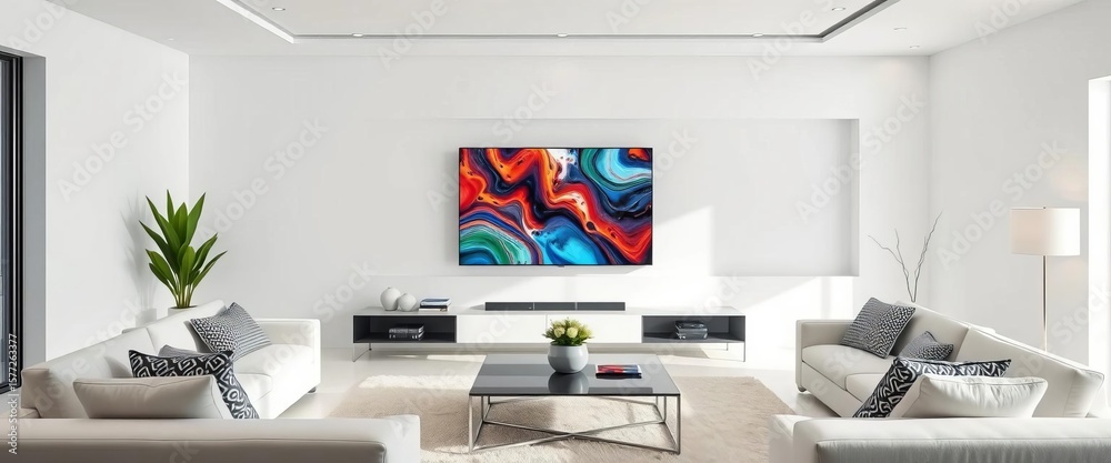 Sleek white living room, minimalist decor, flat-screen TV, bright, abstract Sleek white living room, minimalist decor, flat-screen TV, bright, abstract