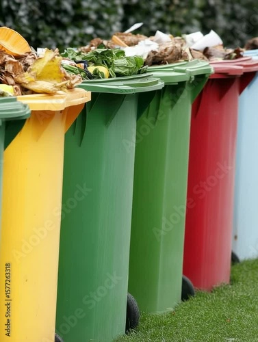 Colorful waste bins are lined up, promoting recycling and proper waste management in the local community park