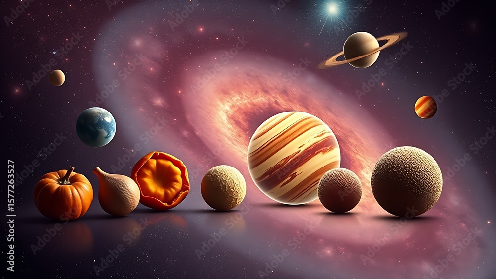 Fototapeta premium Surreal galaxy of superfood planets with fiber-light trails, visualizing digestive system harmony.