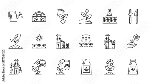 Gardening and Agriculture Line Icon Set – Greenhouse, Seedling, Watering Can, Sprout, Farmer, Fertilizer Vector

