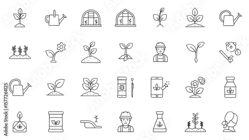 Gardening and Agriculture Line Icon Set – Greenhouse, Seedling, Watering Can, Sprout, Farmer, Fertilizer Vector


