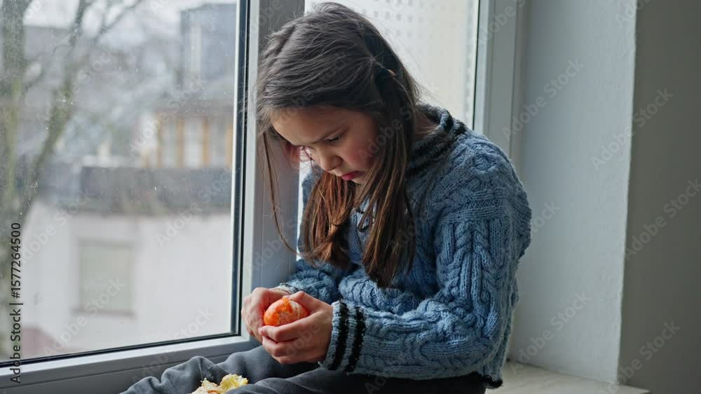 Slow motion. Contemplative child gazes thoughtfully by the window while enjoying a rainy day. Young girl appears to be deep in thought as she holds a piece of orange, staring outside on a rainy day