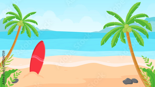 Summer beach background with surfboards and coconut trees. Vector square template for social media posts, posters, and greeting cards. Beautiful seascape flat design.