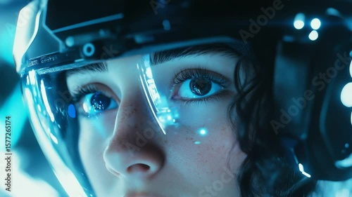 Focused woman immersed in virtual reality using futuristic headset technology interface