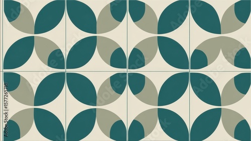 Teal and beige geometric pattern repeating seamlessly, embodying mid century modern aesthetic for backgrounds, textiles, surface design applications