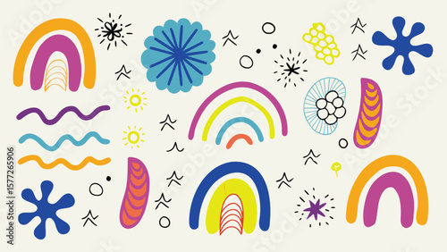 Colorful abstract shapes and patterns including rainbows, flowers, and starbursts scattered randomly