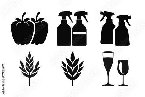 Silhouette Icons Peppers, Spray Bottles, Wheat, and Wine Glasses