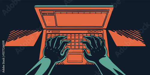 Hands typing on laptop keyboard technology