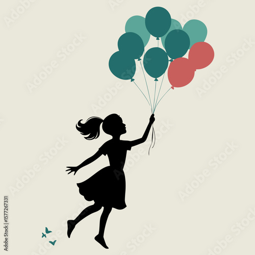 Silhouette of Girl Flying with Balloons into the Sky Representing Freedom, Imagination, and Dreamlike Lightness

