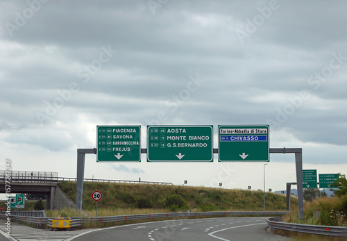 motorway junction with well-known towns of Northern Italy and indications also for Mont Blanc and border with Switzerland