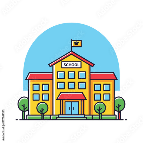 A cheerful illustration of a yellow school building with red roof, trees, and a flag.