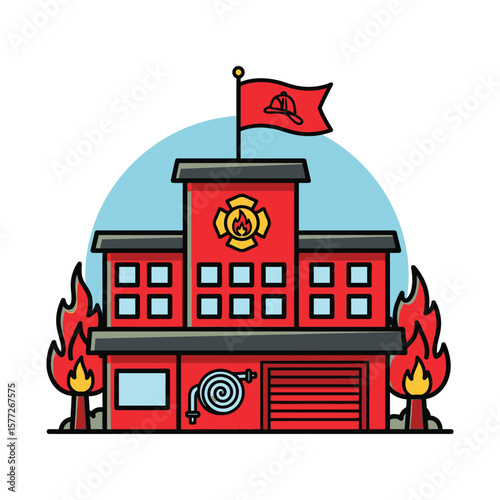 A vibrant illustration of a fire station amidst flames, showcasing readiness and emergency response.