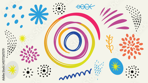 Colorful abstract composition with spiral, floral elements and scattered dots on a light background