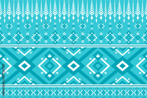 Seamless ethnic pattern featuring tribal geometric shapes and stylized leaf motifs in vibrant teal and white colors