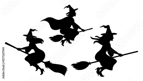 Set Of Flying Witch Silhouettes on Broomsticks