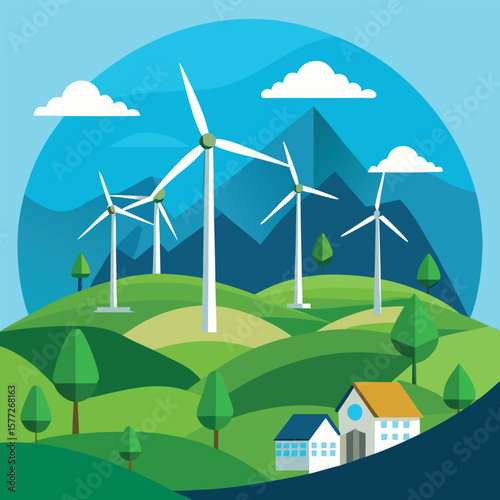 Illustrative depiction of a sustainable future with wind turbines generating clean energy for homes and green landscape.