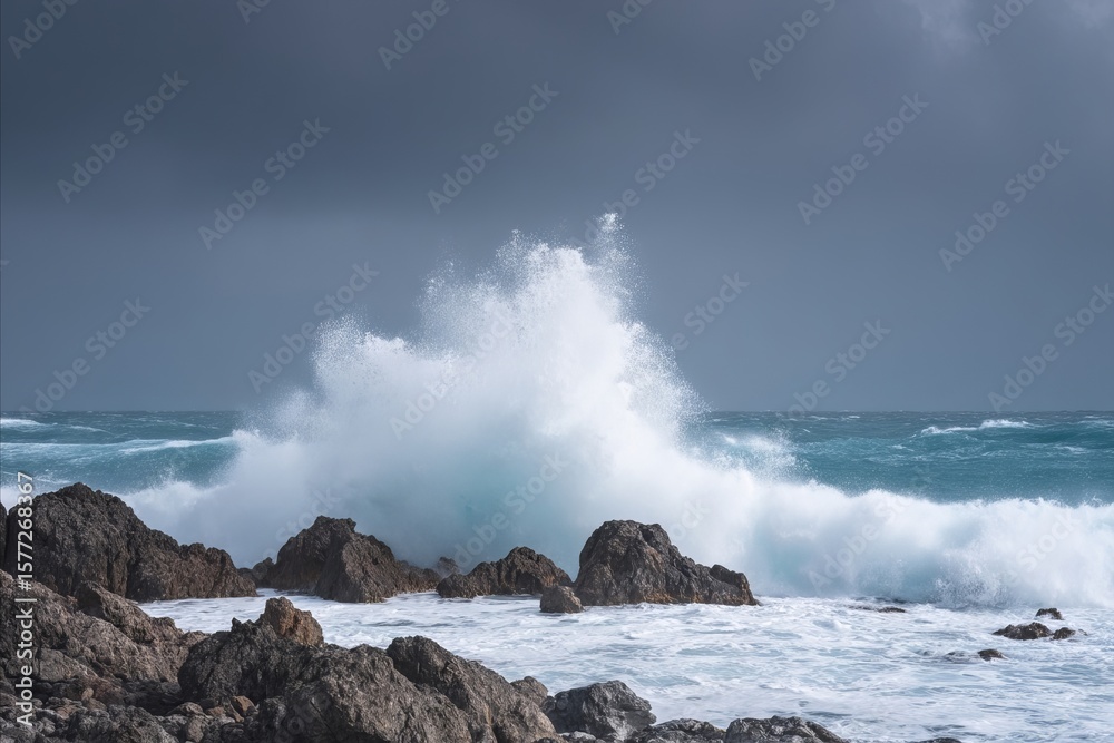 Obraz premium Roaring ocean waves crash onto jagged rocks, evoking tempestuous seas and invoking the spirit of World Oceans Day