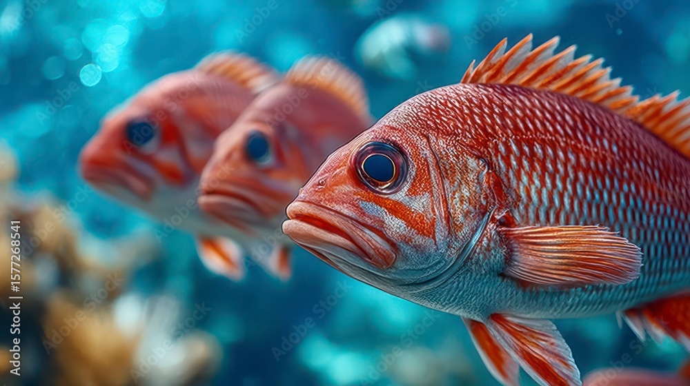 Fototapeta premium Three red fish swim in clear blue water near coral close up side view underwater