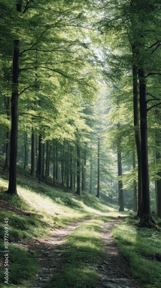 Fototapeta premium Sun-dappled forest path whispers tales of Mabon, earthy tranquility, verdant labyrinth, and sylvan serenity unfold like a verdant dream