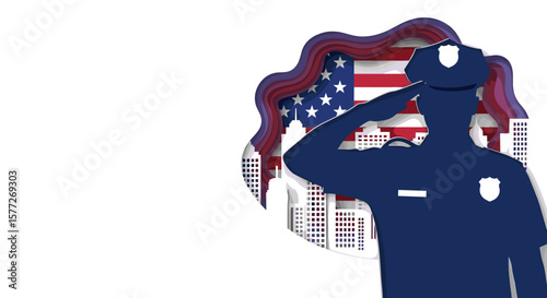 Law enforcement officer salutes, against flag and cityscape, with copy space
