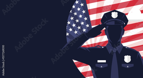 Silhouette of a police officer saluting against an American flag background, with copy space