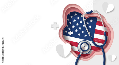 American flag within heart shape with stethoscope, Patriot Day concept with copy space