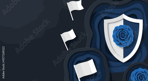 Patriot Day remembrance design with flags and a rose shield, for backgrounds