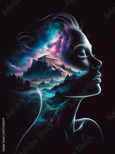 Mystical Silhouette Fantasy Art with Cosmic Temple and Ethereal Landscape
