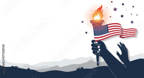 Hands holding an American flag torch, with copy space