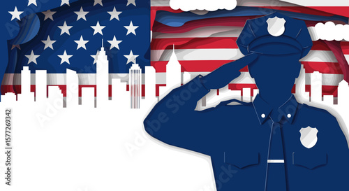 Silhouette of a police officer saluting against an American flag backdrop, with copy space