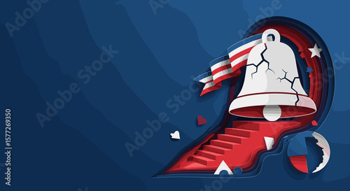 Patriot Day poster illustration with the bell, flag, and stairs on a blue background, with copy space