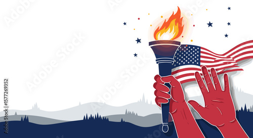 Hands holding torch and waving American flag, representing Patriot Day, with copy space