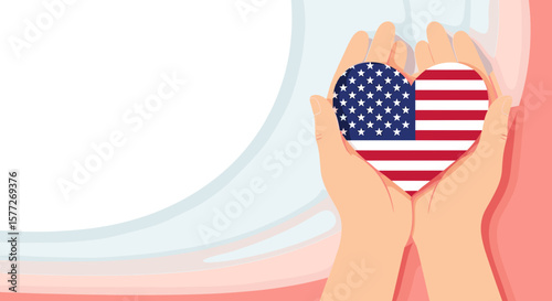 Hands holding heart shaped American flag, to celebrate Patriot Day, with copy space