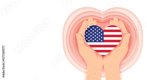 Hands holding heart-shaped USA flag illustration, for graphic design, with copy space