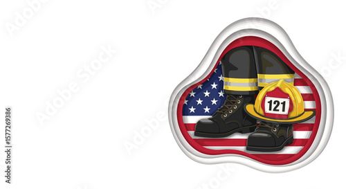 Firefighter gear in front of the US flag as a tribute, with copy space