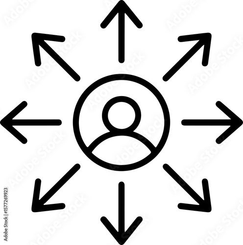 Person icon with arrows pointing outwards in all directions symbolizing distribution