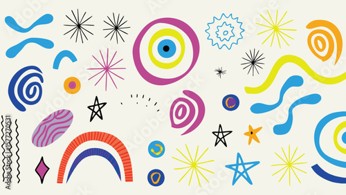 Illustration featuring a variety of colorful abstract shapes and graphic elements on a light background