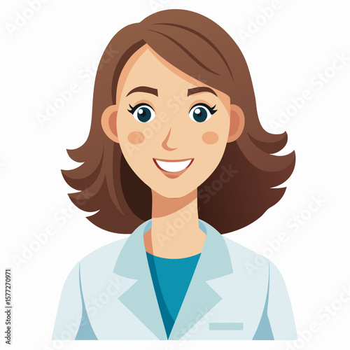 Smiling female doctor with long brown hair in white coat. Vector illustration.