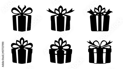  Gift boxes with ribbon icons Set. Gift box flat silhouette set.