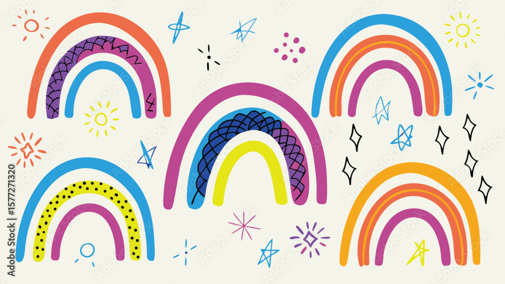 Obraz premium Illustration of colorful rainbows and stars on a cream background with a whimsical and playful style