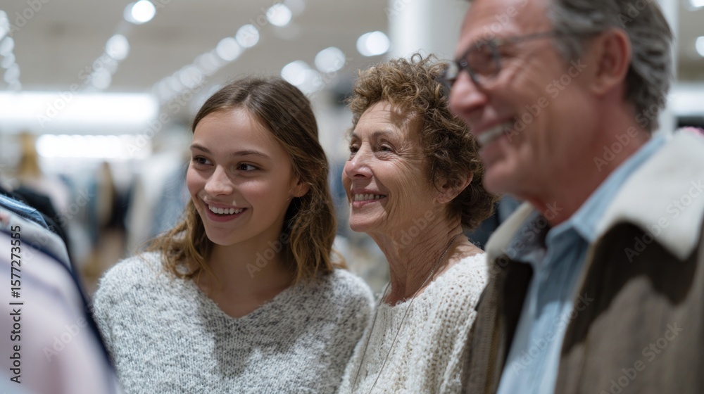 Fototapeta premium A trio of joyful Caucasian shoppers embrace laughter under fluorescent memory-laden lights, evoking Retail Therapy Day camaraderie