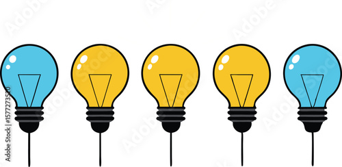 A sequence of stylized light bulbs, often with one distinctively lit or colored, symbolizing ideas, innovation, or a unique solution