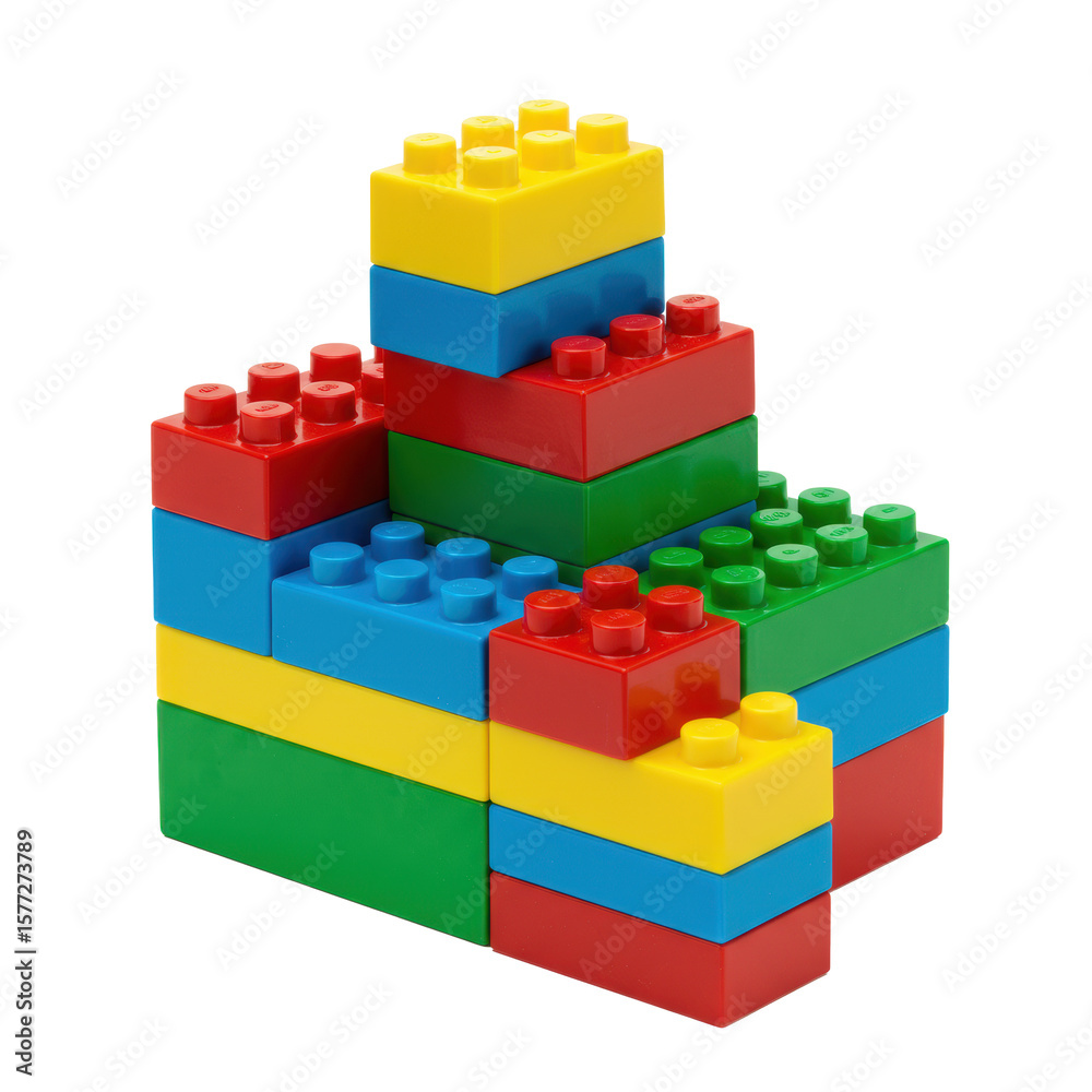 Fototapeta premium A vibrant, multi-colored stack of red, yellow, blue, green plastic construction building blocks, abstractly stepped, isolated on an immaculate white studio background with crisp, shadowless lighting