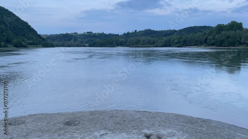 Threerivercorner - Dreifluesseeck, Danube, Inn and Ilz river wide water stream with tree borders, Passau, Bavaria, Germany, Europe on a cloudy summer day